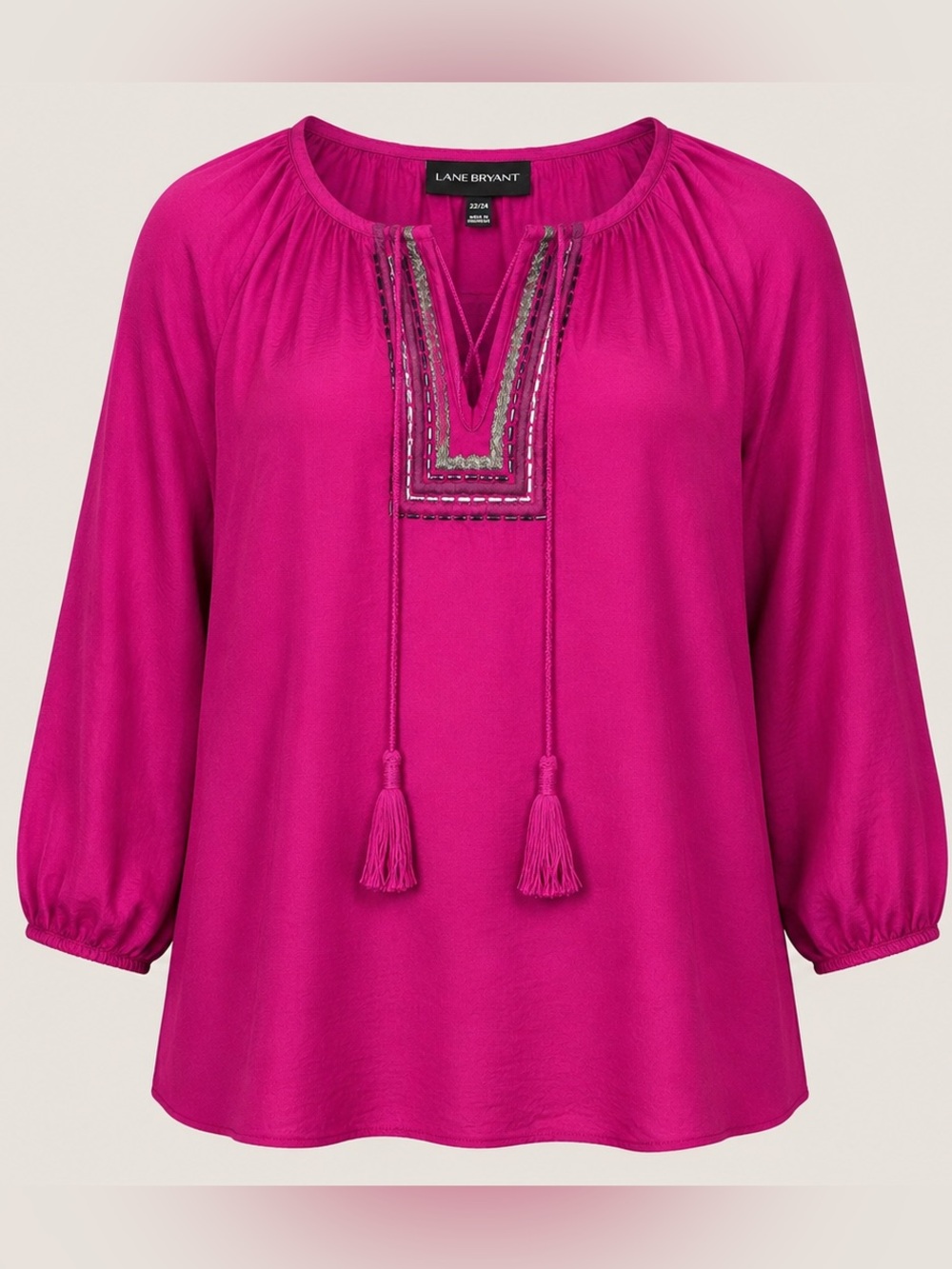Lane Bryant Fuchsia Embroidered Tassel Peasant Blouse